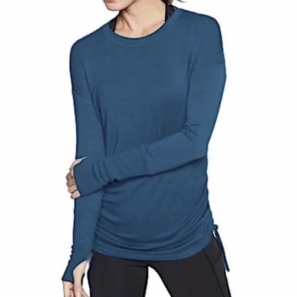 Athleta Drishti Ruched Sweatshirt Teal SzS Blue Women Very Stretch Pullover Knit